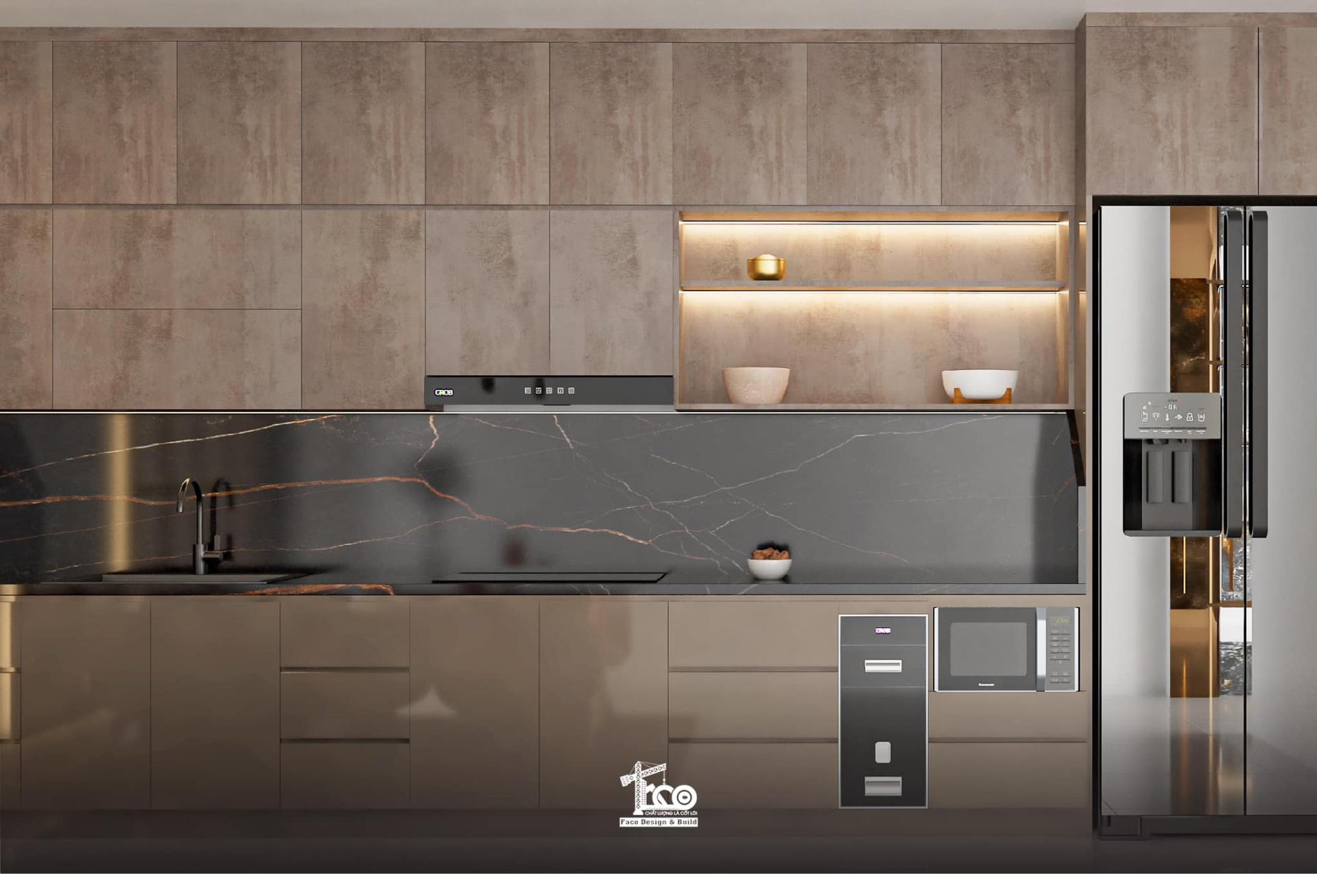 Hệ tủ bếp nhiều ngăn giúp tăng diện tích lưu trữ đáng kể Hệ tủ bếp nhiều ngăn giúp tăng diện tích lưu trữ đáng kể