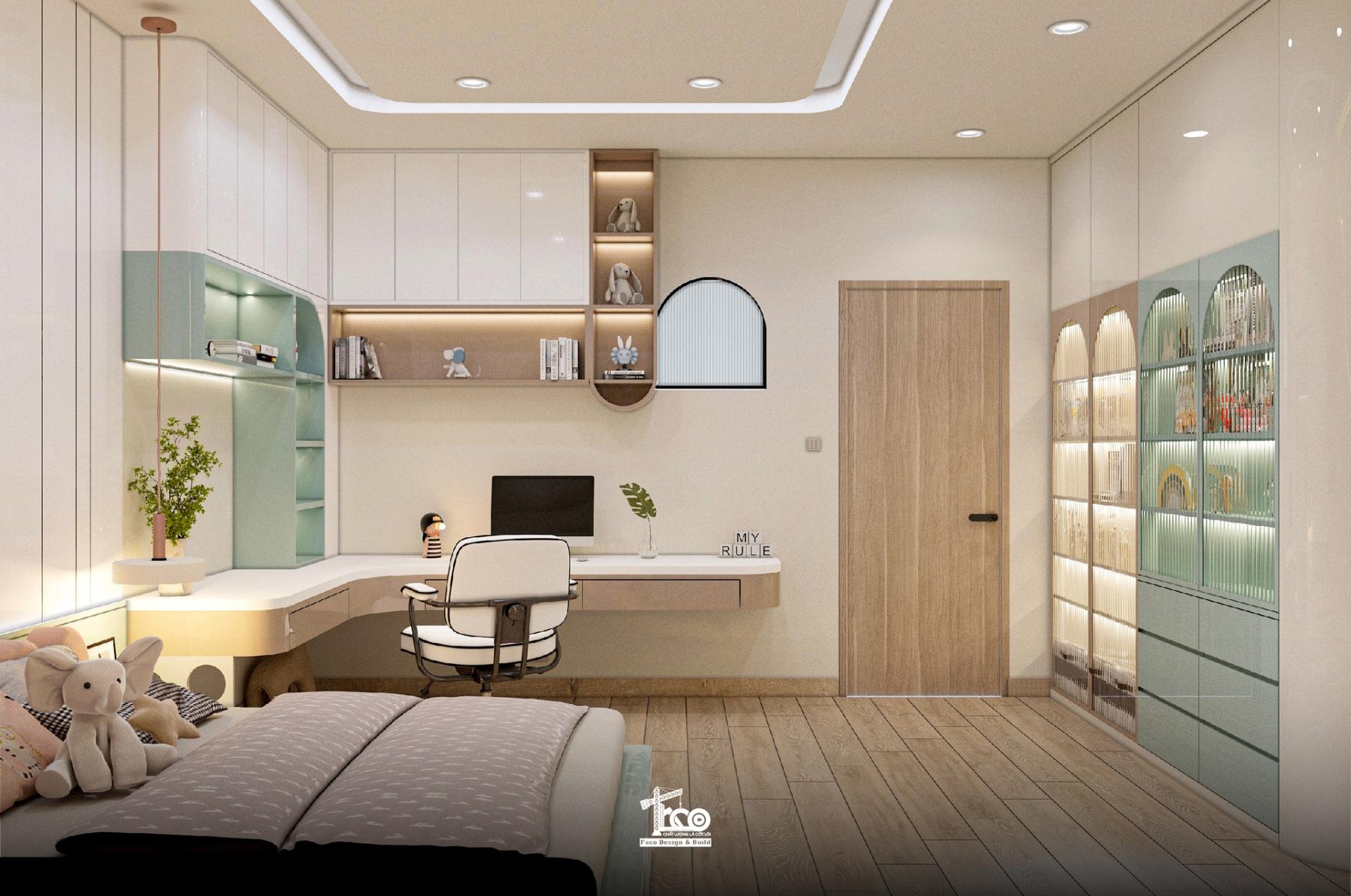 Thiết kế phòng ngủ với gam màu chủ đạo là trắng kem và xanh mint Thiết kế phòng ngủ với gam màu chủ đạo là trắng kem và xanh mint