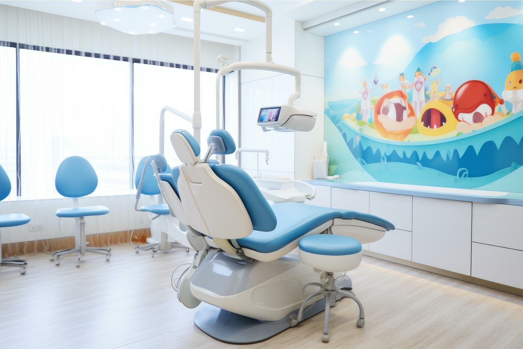 Hệ cửa kính giúp tăng cường khả năng lấy sáng tự nhiên cho phòng khám nha khoa trẻ em Hệ cửa kính giúp tăng cường khả năng lấy sáng tự nhiên cho phòng khám nha khoa trẻ em