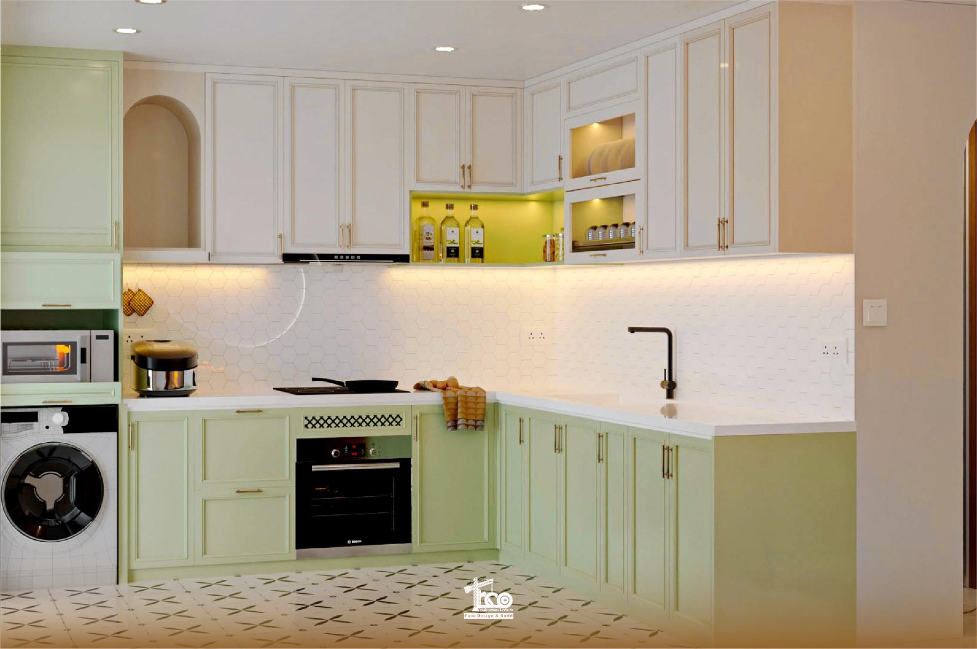 Thiết kế bếp chữ L với gam xanh mint tinh tế Thiết kế bếp chữ L với gam xanh mint tinh tế